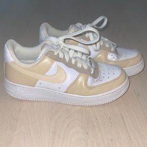 Women’s customized Nike Air Force 1. Size 6 brown, cream, and white sneakers.